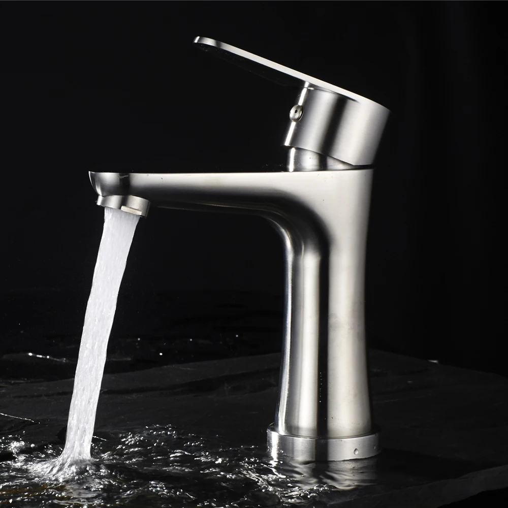 

Stainless Steel Bathroom Sink Faucet Single Hole Brushed Nickel Basin Sink Hot and Cold Water Mixer Tap ELS411