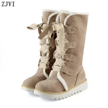 ZJVI nubuck femmes ver en peluche mi-mollet bottes femme sexy dentelle up de neige bottes de mode d’hiver plat femmes bout rond femme appartements