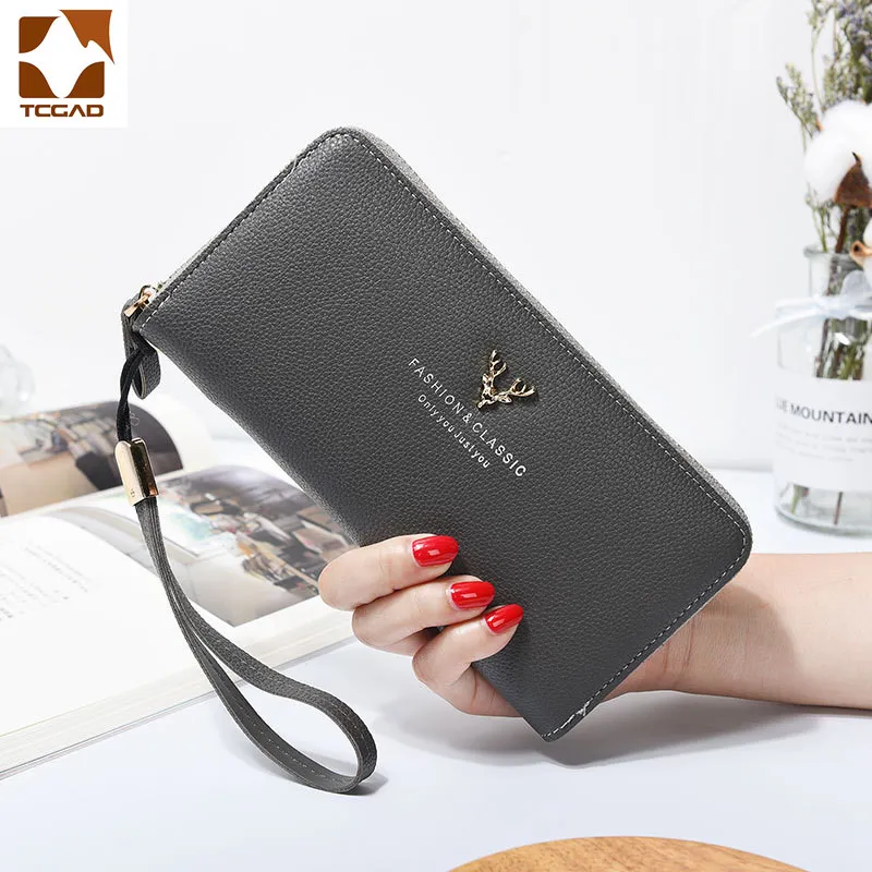 

Women Wallet Card Wallet Female Purse Leather Trifold Long Coin Holder Phone Wallet Metal Christmas Deer Cash Pocket Fashion