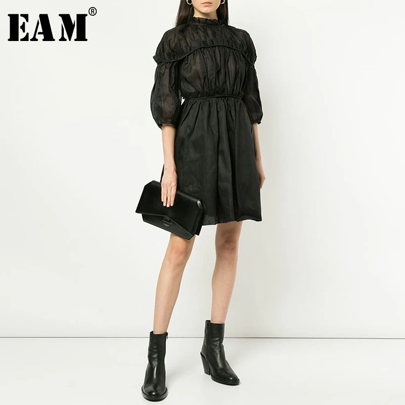 

[EAM] 2019 New Spring Summer Stand Collar Three-quarter Sleeve Black Ruffles Split Joint Temperament Dress Women Fashion JX428