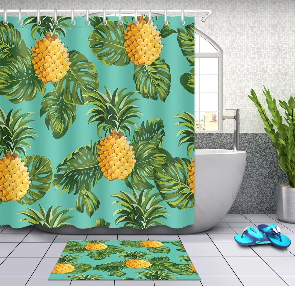 72*72" Bathroom Mat Waterpoof Fabric Dark Green Palm Leaves Shower Curtain Hooks 
