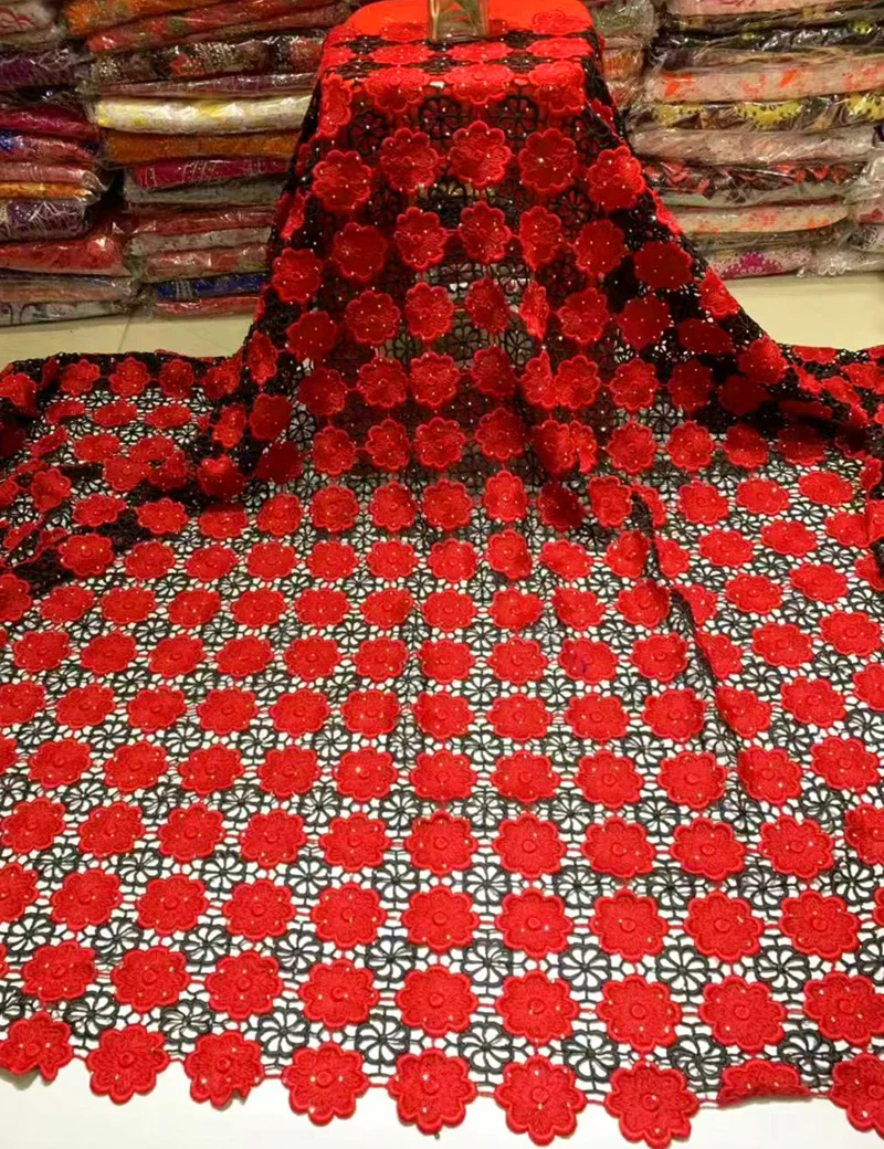 

2019 Red Color Embroidered African Lace Fabric High Quality Cord Lace Guipure Lace Fabric Pearls Water Soluble Lace Fabric