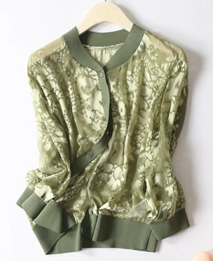 Женская куртка шелк жаккард ткань выдалбливают три четверти рукава Повседневный тонкий бомбер пальто Модный Стиль Новая мода - Цвет: Армейский зеленый