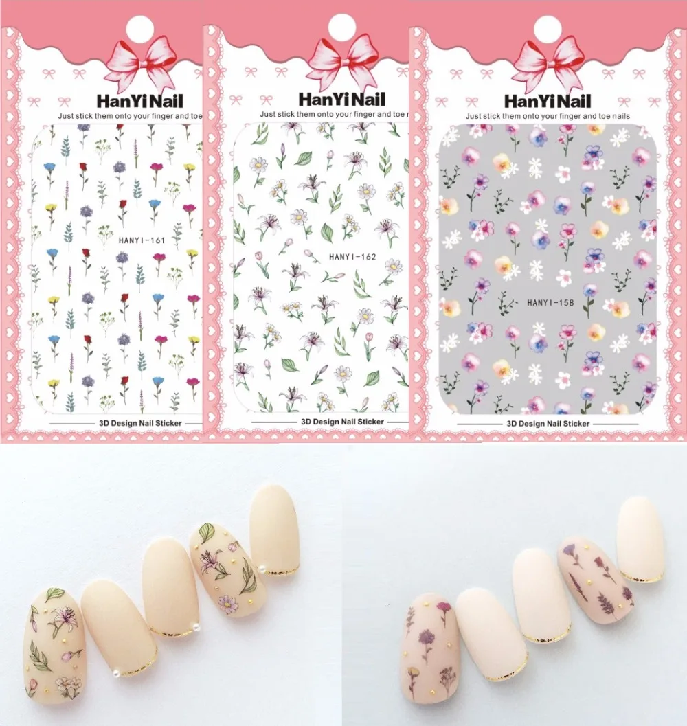 

3 sheet 3D Nail Stickers Designs Ultrathin small fresh Gummed 3D Nail Art Stickers Decals Makep Art Decorations HanYi156-162
