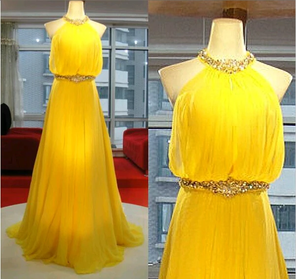 Cheap Crystal Sexy backless high neck Prom gowns 2019 new yellow chiffon Floor Length a-line party Custom Made bridesmaid dresses Cheap Crystal Sexy backless high neck Prom gowns 2019 new yellow chiffon Floor Length a-line party Custom Made bridesmaid dresses