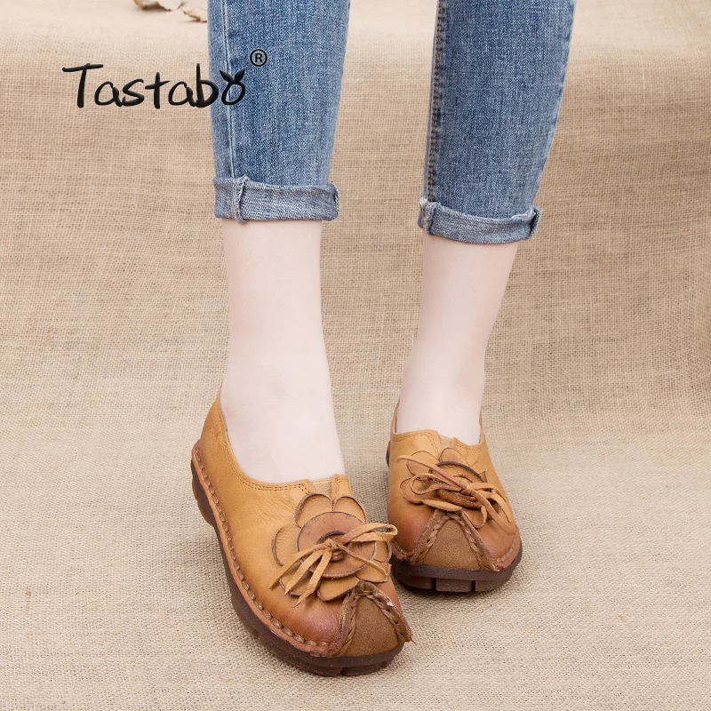 

Tastabo Autumn Floral Pleated Shoes Female Genuine Leather Flats Non-slip Durable Women Shoes Slip-on Loafer Flats