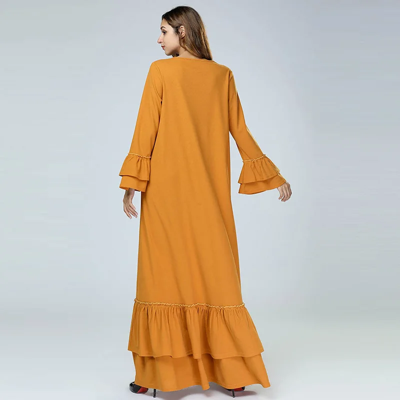Европейские и американские модные повседневные женские халаты с длинными рукавами и круглым вырезом, мусульманское вышитое гофрированное
