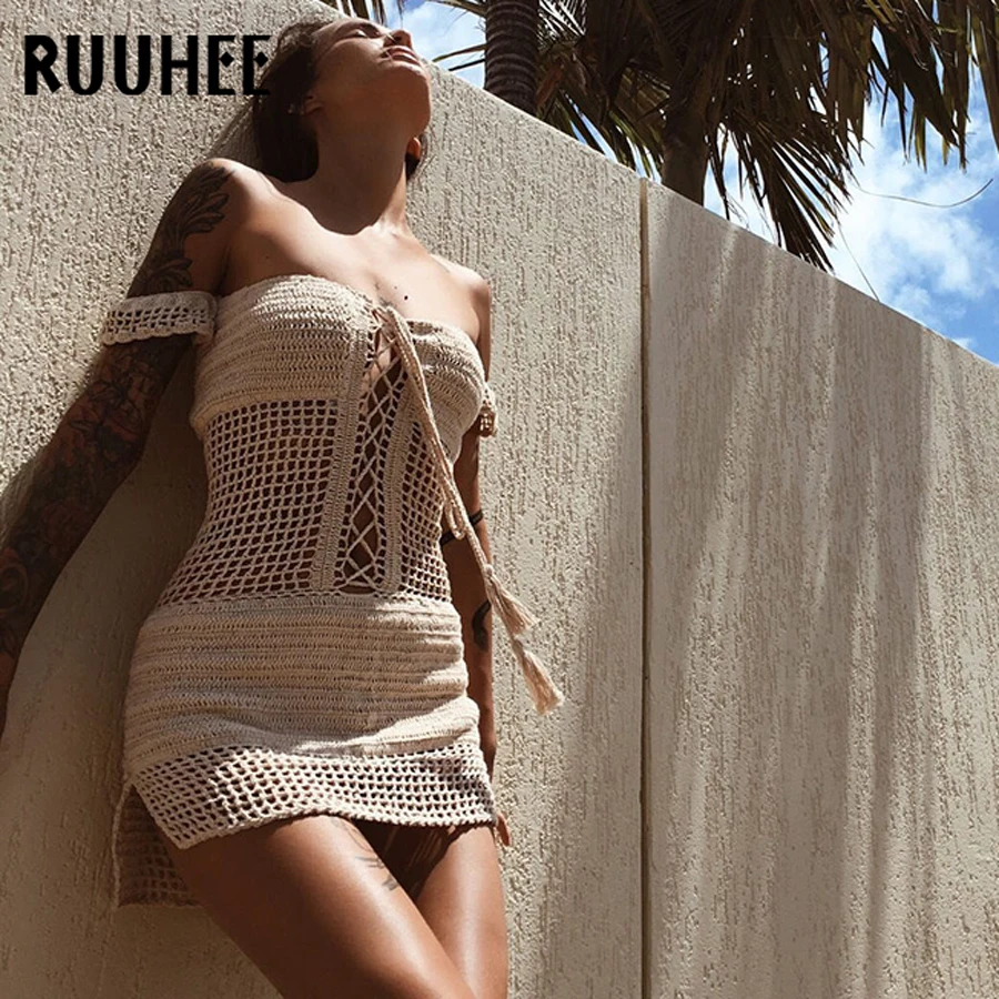 RUUHEE/женский сексуальный бикини, Пляжная накидка, накидки на купальник, купальный костюм, летняя пляжная одежда, трикотажный купальник, Сетчатое пляжное платье