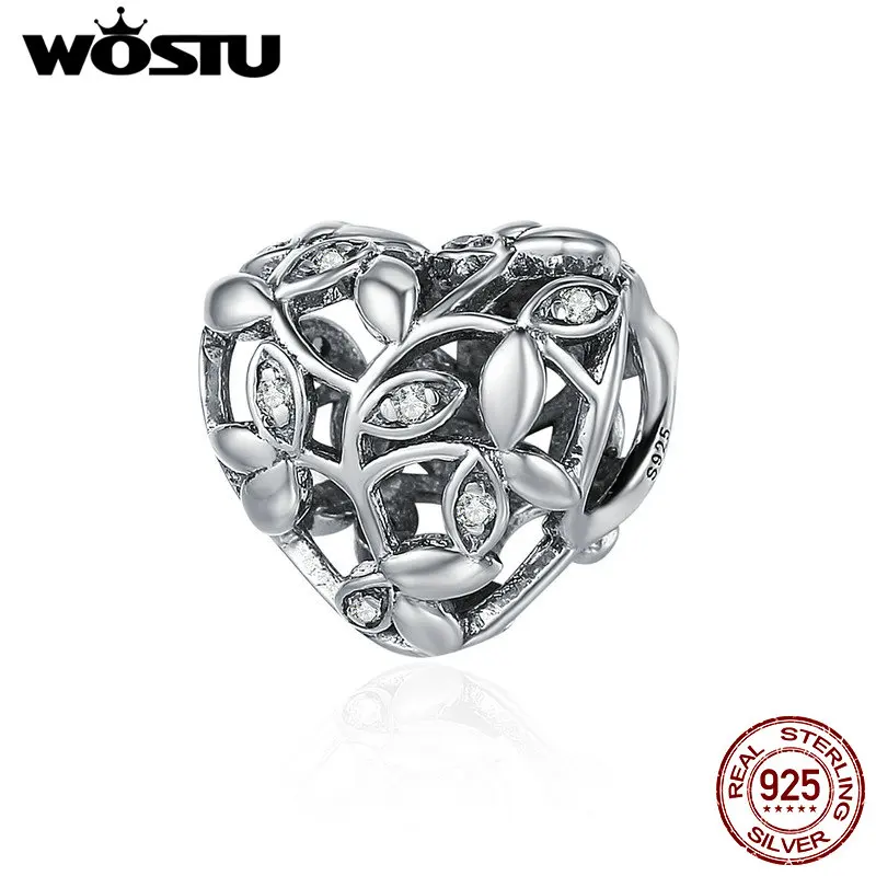 

WOSTU Hot Sale Real 925 Sterling Silver Tree of Leaves Heart Charm Beads fit Bracelet Jewelry Valentine Day Gift FIC489
