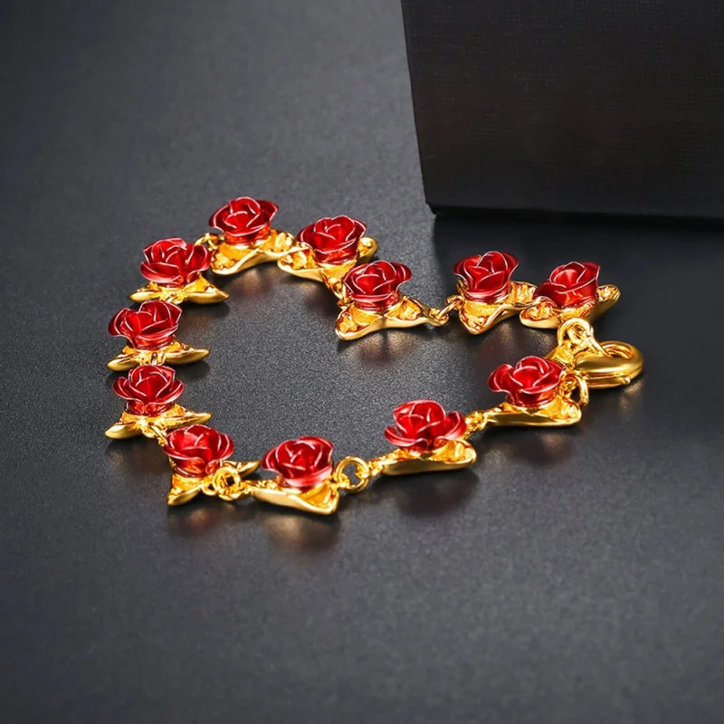 

Drop Shipping Bracelet Red Rose Flowers Gold Color Wrist Chain Valentine's Day Gift For Women Fashion Jewelry Bracelets