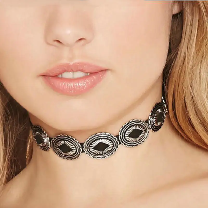 Simple Apparel Vintage black choker necklace women Punk Antique gold