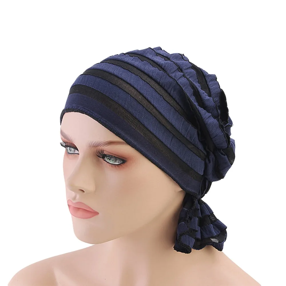 Fashion Women Simple Print India Hat Muslim Ruffle Turban Cancer Chemo Wrap Y4D8