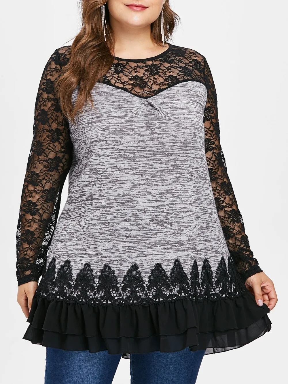 

2019 new Plus Size Sheer Lace Panel Layered Ruffled Marled Tunic T-Shirt Casual O-Neck Long Sleeve Flounce Tee Top Big Size