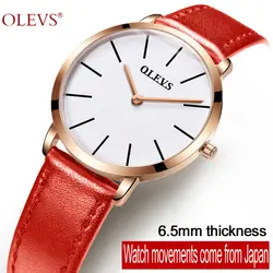 OLEVS простой Для женщин Кварцевые наручные часы кожаный ремешок ультратонкий Циферблат Дамы Водонепроницаемый часы Для женщин двумя руками