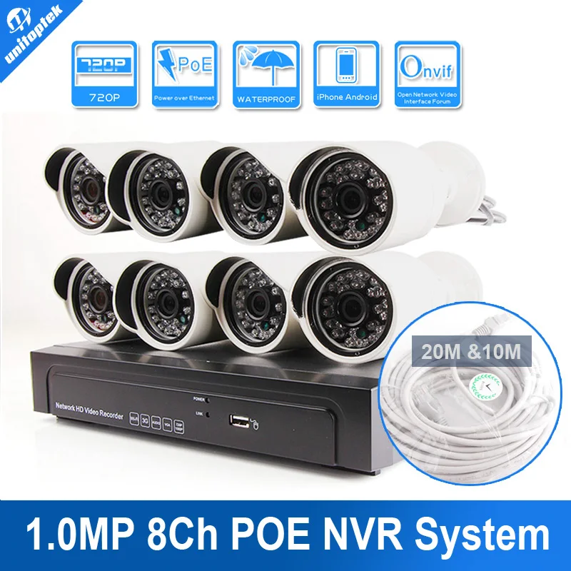 

UNITOPTEK 8CH Onvif Full HD Real PoE NVR Kits With 720P IR Bullet IP Camera System Outdoor P2P Cloud Plug&Play Video Recorder