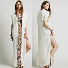 Для женщин с цветочной вышивкой хлопковое Свободное длинное платье пляж хиппи людей Лето V Средства ухода за кожей Шеи турецкий Халаты
