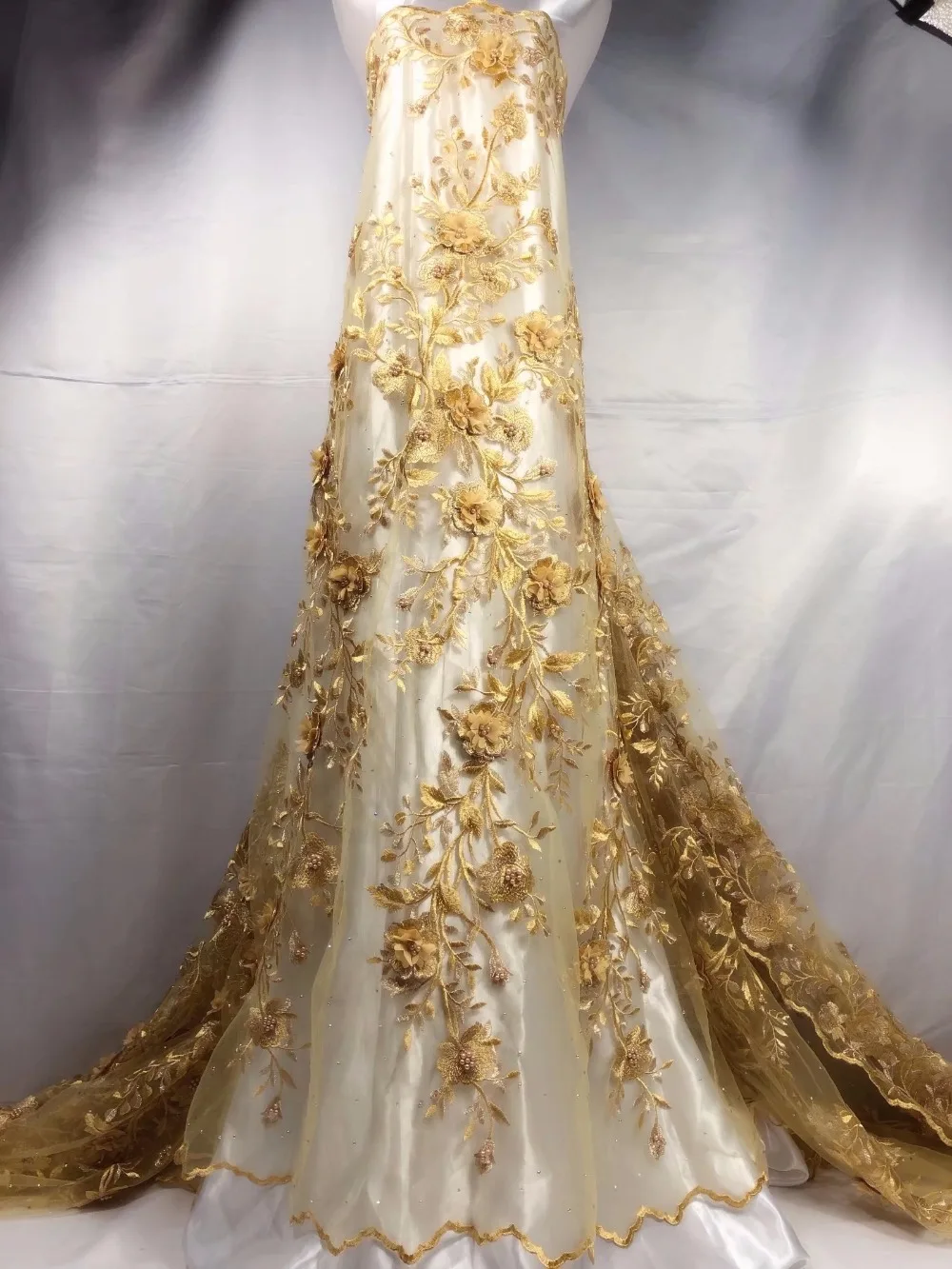 

Gold Beaded Appliqued Lace Fabric High Quality Latest African Lace 2018 Noble Handmade 3D Lace Fabric For Nigerian Party Wedding