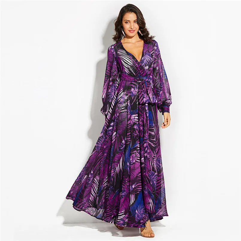 V-Neck Colorful Fashion Printing Chiffon Dress Long Sleeve Deep V Neck Belt Long Dress Comfortable New Vestidos #F#40NV26 (2)