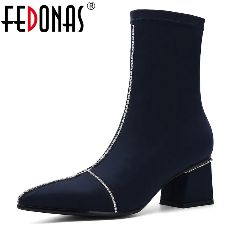 

FEDONAS Autumn Winter New Sexy Pointed Toe Square Heels Slip On Women Ankle Boots Solid Stretch Fabric Chelsea Boots Party Shoes