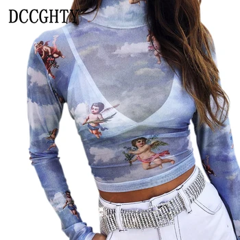 

DCCGHTY Cute Angel Printed Turtleneck Short Women T shirts Transparent Sexy Mesh Slim Black Women Tees Shirt Long Sleeve Tops