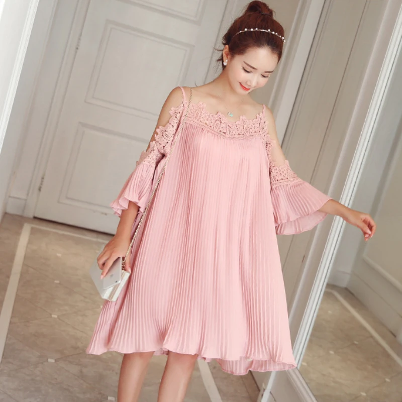 Summer Pregnant Women Pleated Chiffon Dress Spaghetti Strap Off Shoulder Pregnancy Dress Loose Plus Size Maternity Dresses M-XL  (3)