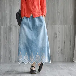 Новые свободные дикие длинные хлопковые модные вышитые джинсовые женские юбка весна-лето трапециевидной формы джинсовая женская юбка