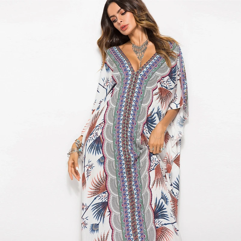 Billig Sexy Drucken Strand Kleid Cover Up Bikini Frauen Badeanzug Abdeckung up kaftan Strand Badeanzug Strand Tragen sommer Bademode tunika Robe