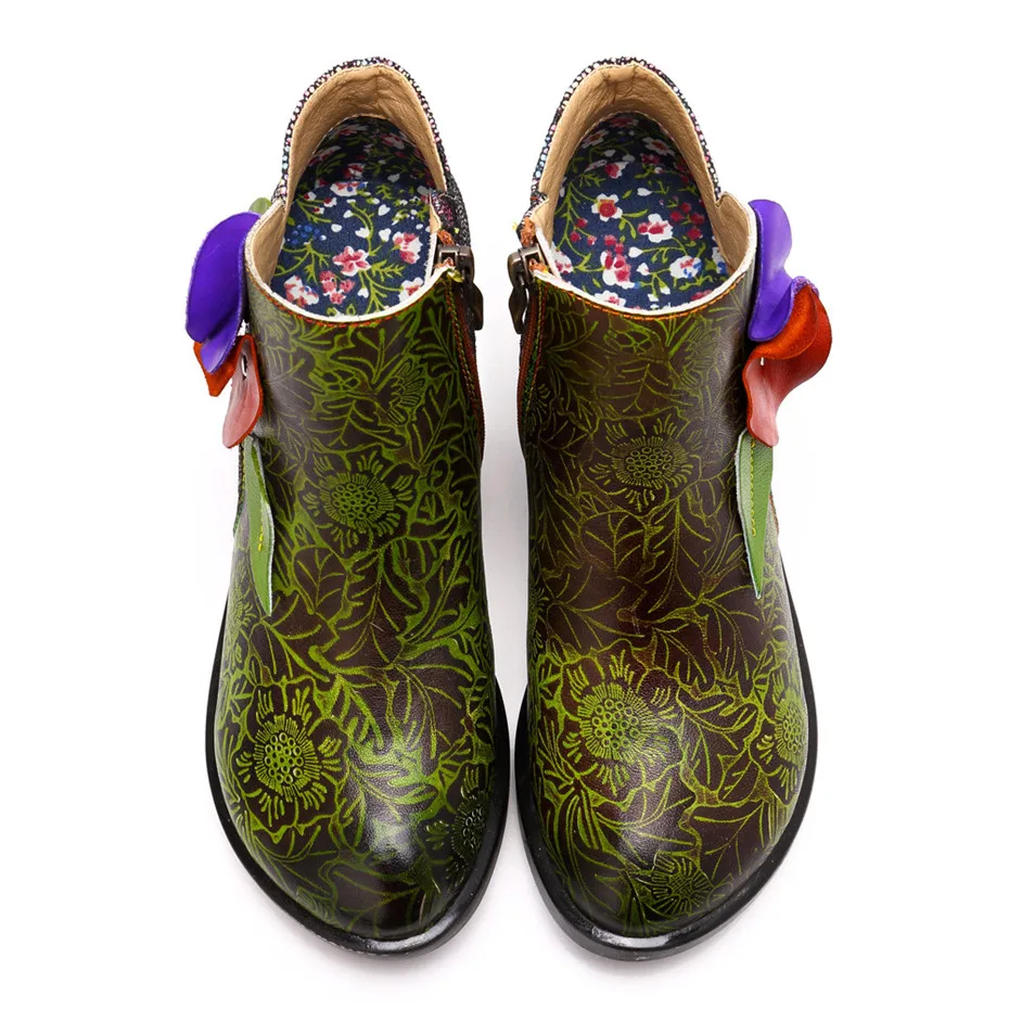 Mixed Color Print Genuine Leather Boots Women Shoes Handmade Flower Zipper Ankle Boots Spring Autumn Vintage Floral Female Botas (6)