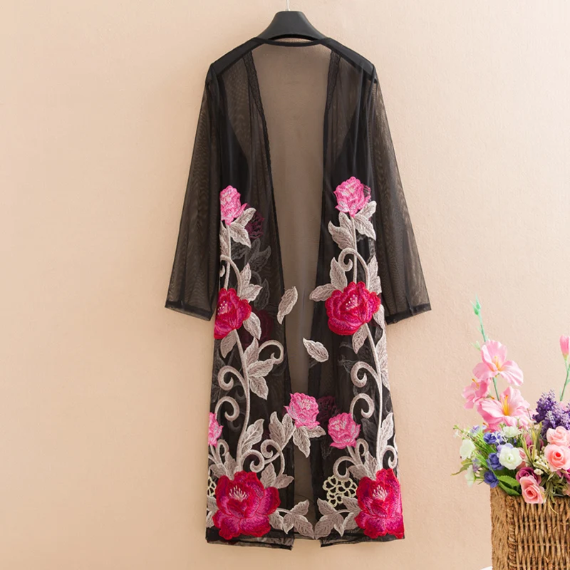 

Summer Plus Size Women Lace Cardigans Lady Flower Embroidery Mesh Kimonos Mothers Floral Mesh Outwear Long Tulle Tops