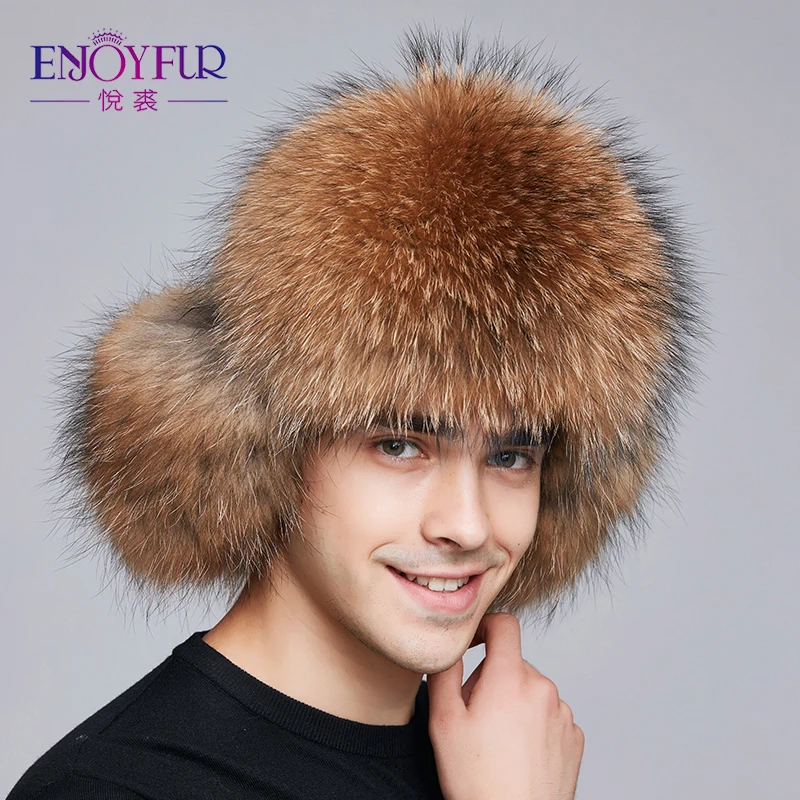 

ENJOYFUR winter men hat earflap real fox fur hats russian ushanka fur protect ear warm enough high quality bomber hat