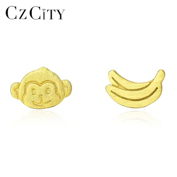 

CZCITY Genuine 925 Sterling Silver Stud Earrings for Women Minimalist Brushed Vivid Monkey&Banana Fashion Earring Fine Jewelry
