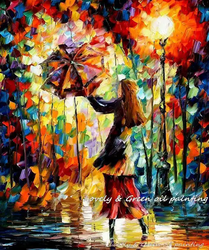 Handmade Rain Girl Colorful Palette Knife Figure Oil Painting On Canvas Modern Abstract Art Home Office Cafe Decoration No Frame