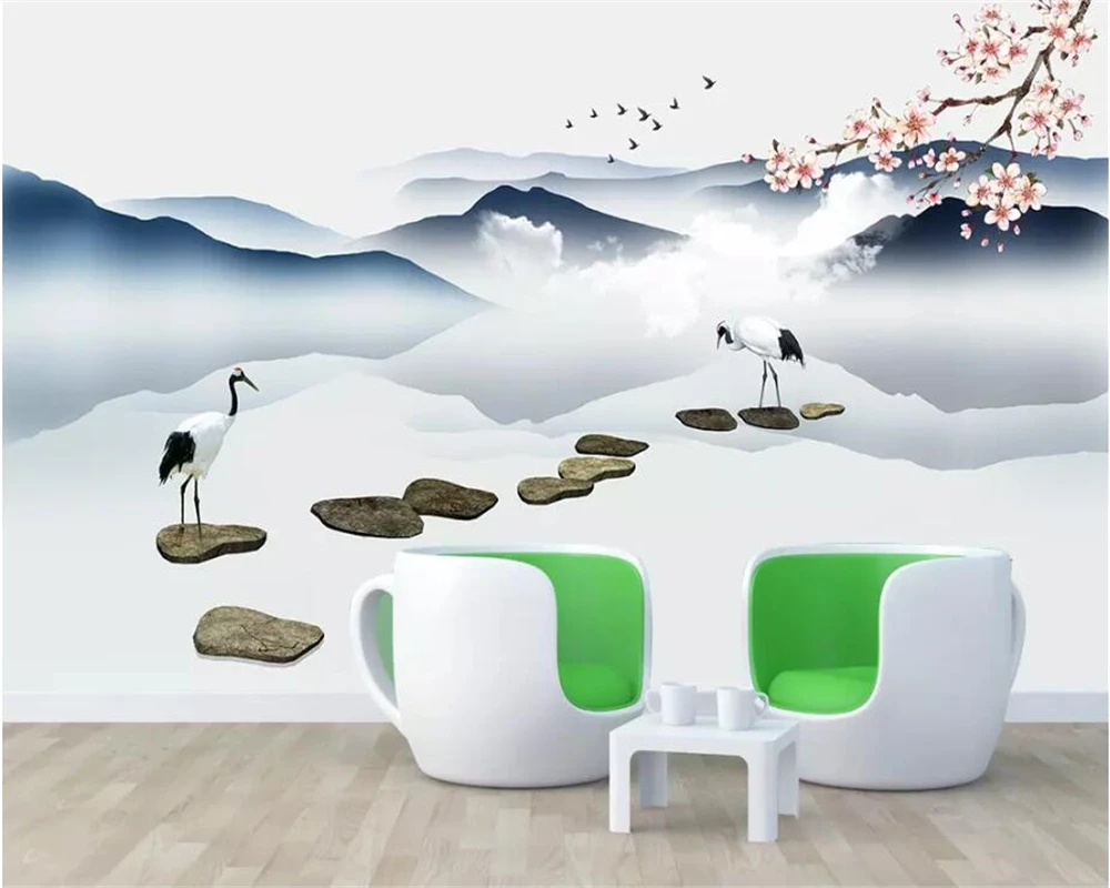 Koop Beibehang Foto behang Perzik bloem witte kraan steen lake landschap muur 3d behang mural papel de parede 3d papier peint