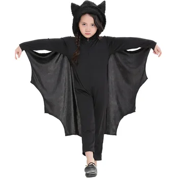 

New Design Child Animal Cosplay Cute Bat Costume Kids Halloween Costumes For Girls Black Jumpsuit Connect Wings Cosplay Batman
