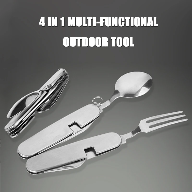 

Portable 4 in 1 Multi-functional outdoor tool tableware Stainless Steel Folding Hiking Camping Tool multifunctional knife Spoon