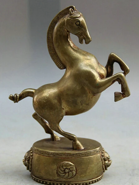 

JP S0524 6.5" Chinese Copper Gild run Zodiac Year Horse Stand Lion Drum sculpture Statue