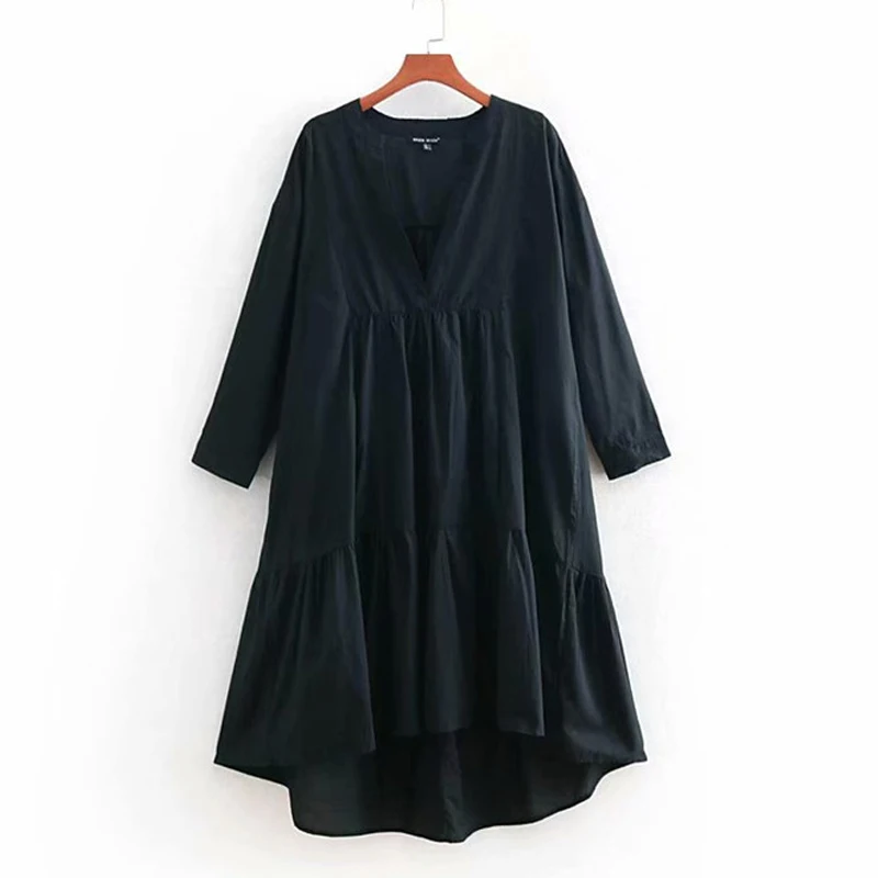 

2019 Spring New Fashion Solid Color Dress Casual V Neck Loose Dresses Long Sleeve Elegant Beach Female Vestidos Plus Size