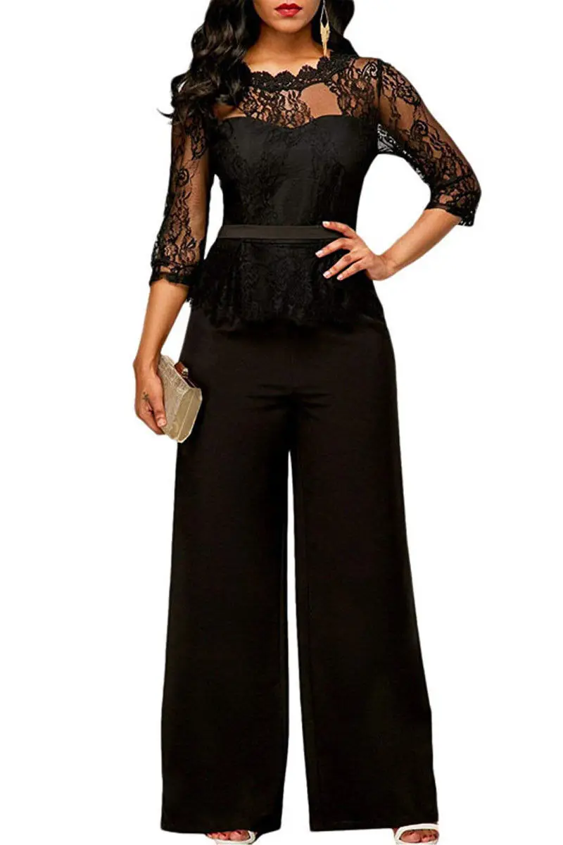 Для женщин Лето Кружева выдалбливают Playsuit ПР вечерние вечерний комбинезон Ползунки длинные широкие брюки S-2XL - Цвет: Черный