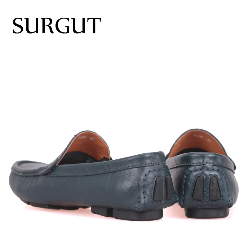 SURGUT Leather & Fur Vintage Genuine Leather Soft Loafers for Men Slip On Moccasins Boat Flats Shoes Big Size 36-50