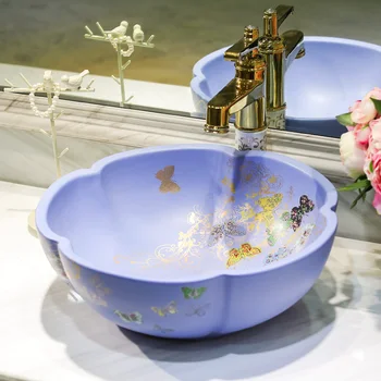 

China Artistic Handmade Ceramic wash basin flower Counter top bathroom ceramic wash basin hotel wash basin blue