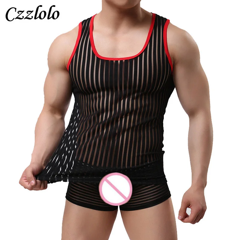 

Czzlolo Brand Sexy Mans Semi Transparent Tanks Tops Underwear Undershirt Black White O-Neck Undershirt Tops for Man Size M,L,XL