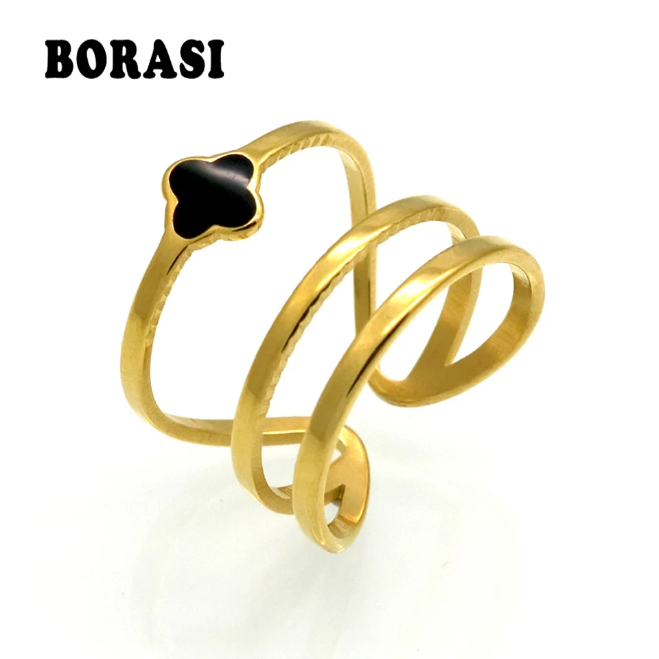 

Vintage Gold Color Anel Black Enamel Lucky Clover Rings 316L Stainless Steel Finger Rings For Women Wholesale Jewelry anillos