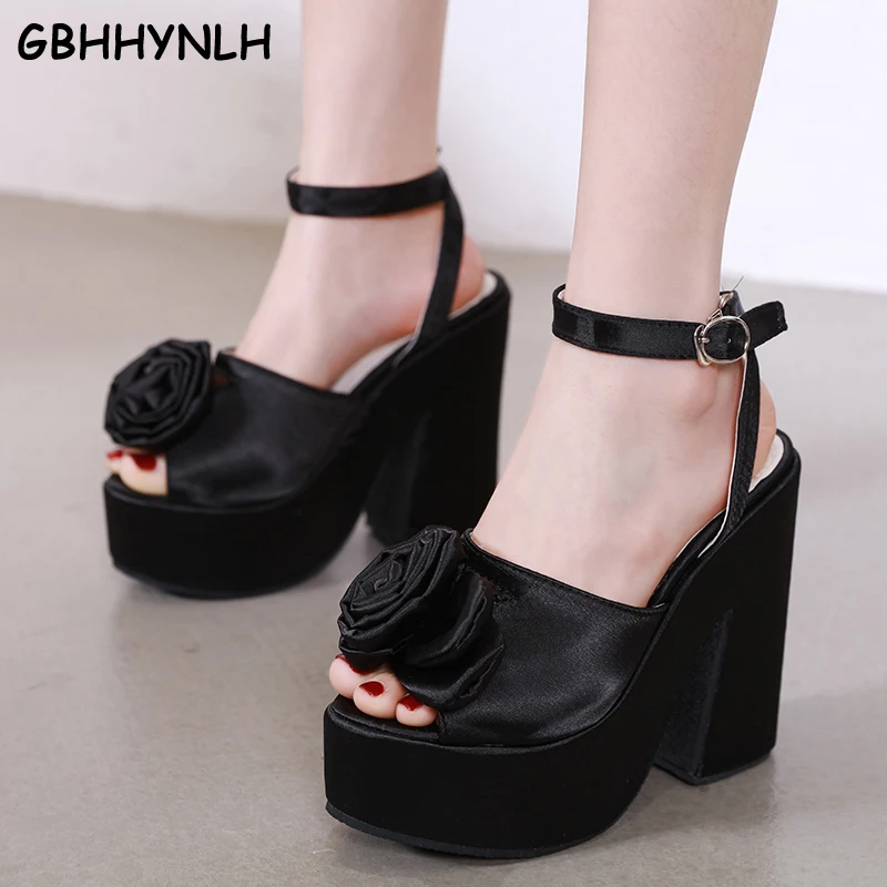 

GBHHYNLH chunky heel shoes flower sandals wedges shoes for women high heels strappy sandals peep toe black heels sandals LJA720
