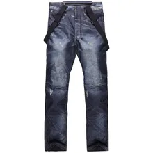 Men’s Skiing Pants Outdoor Sport Snowboard Pant Denim Strap Ski Pants Warm Thick Waterproof Windproof Bib Trousers Winter Style