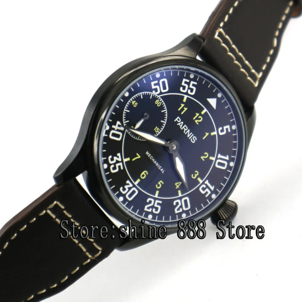 

44mm parnis black dial PVD case hand winding 6497 mechanical mens watch