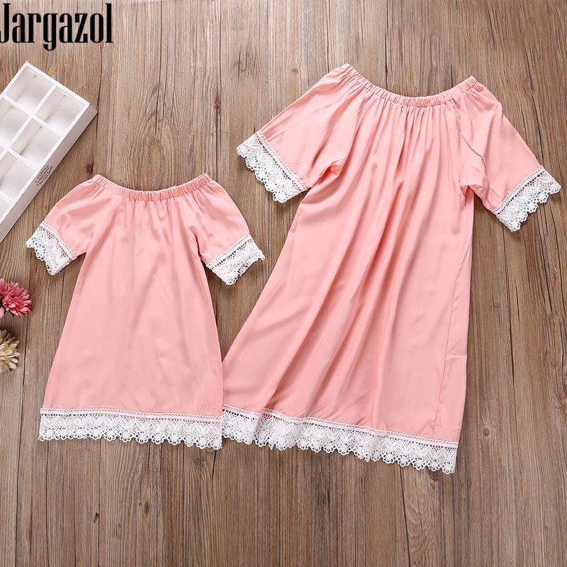 

Jargazol Mom and Daughter Dress Matching Family Outifits Off Shoulder Mother Me Family Look Summer Lace Dresses Clothing