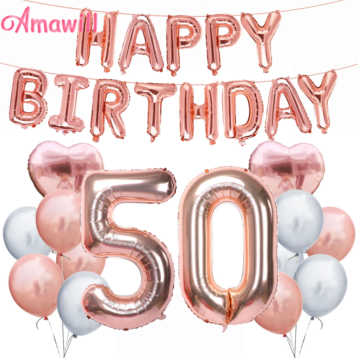 Amawill Rose Gold Adult 50th Happy Birthday Foil Balloon Birthday Party Decorations 50 Years Old Anniversary Supplies 75D
