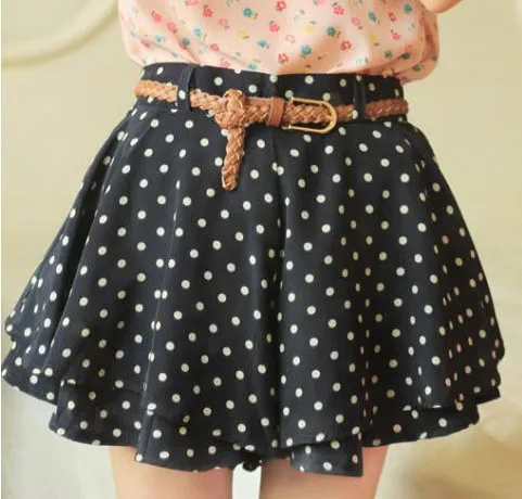 

2015 Summer Vintage Dots Fashion New Pleated Chiffon Short With Belt Candy Colors Women Skirts S0133