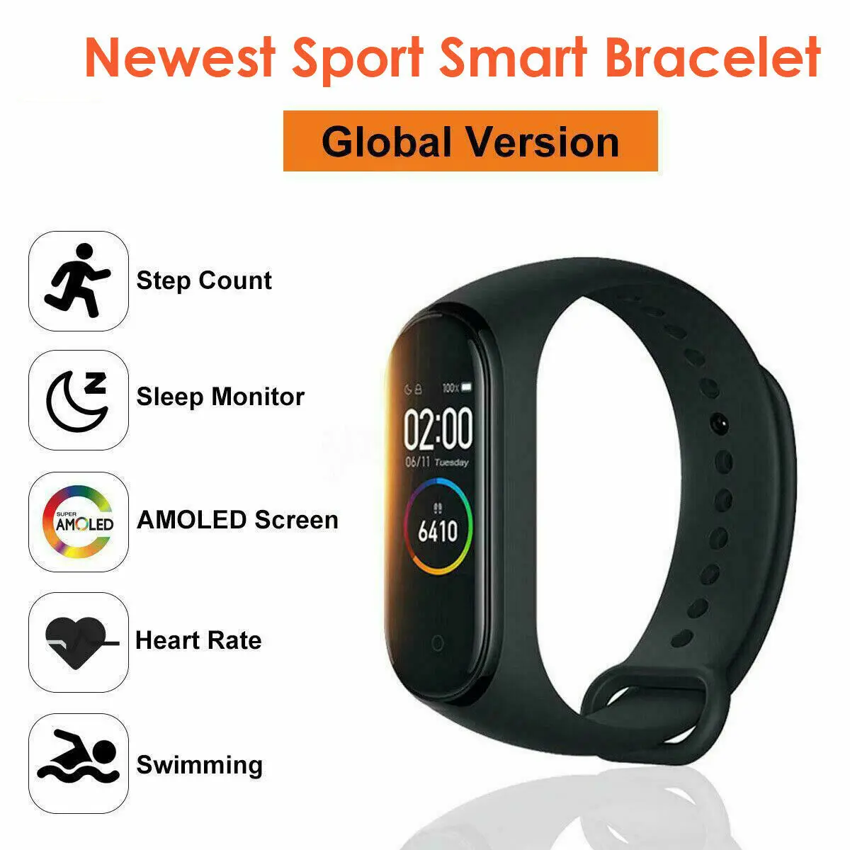 

M4 Global Version BT 5.0 Music Play Waterproof Smart Bracelet Heart Rate Measurement Activity Fitness Tracker Band