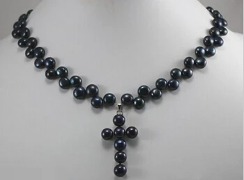 

Jew2576 7-8mm black Akoya Cultured Pearl cross Pendants Necklace